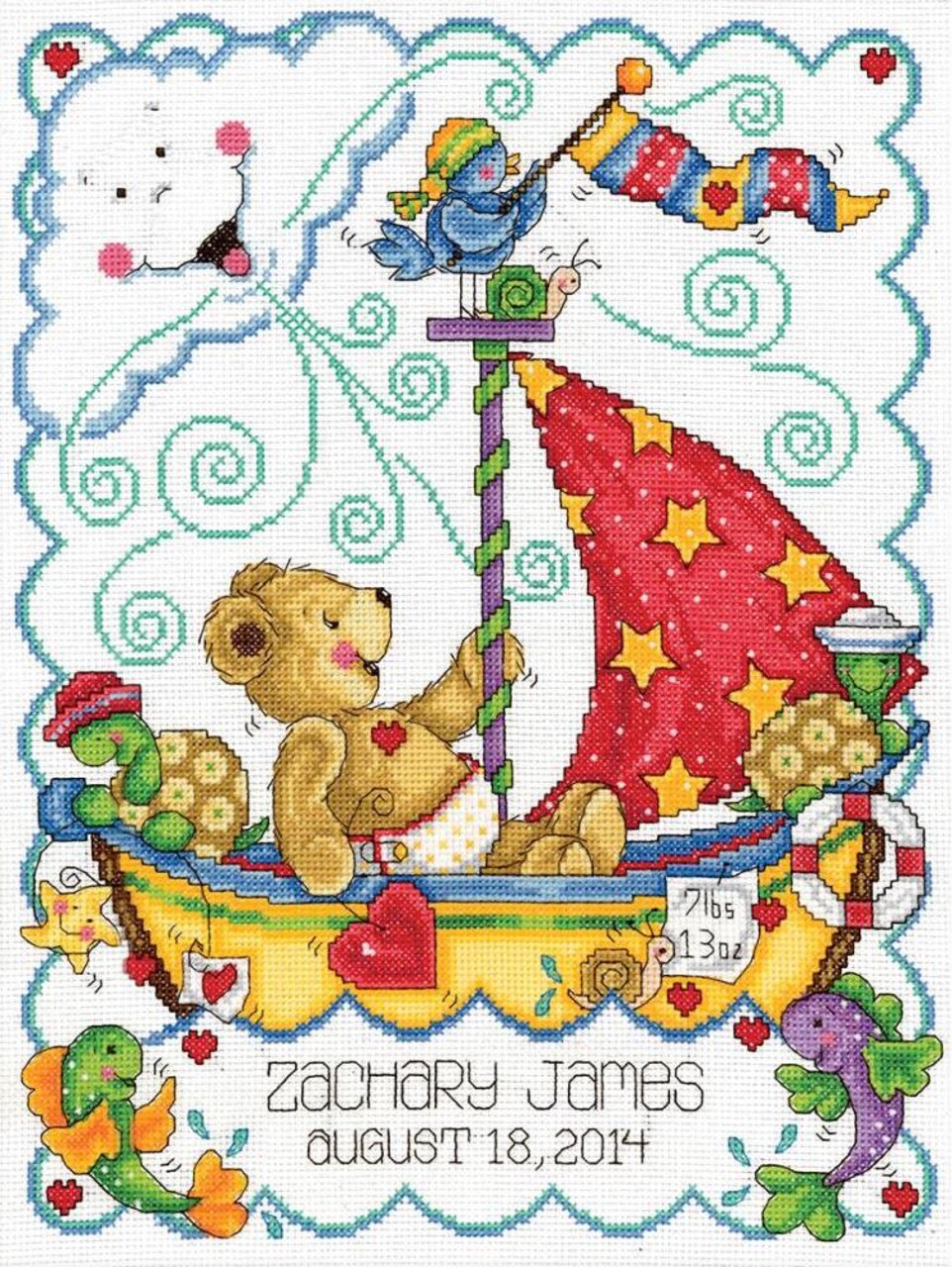DIY Tobin Sail Away Bear Baby Birth Record Gift Counted Cross Stitch Kit 11x14